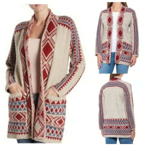 LUCKY BRAND Geometric Knit Cardigan Sweater Beige Red Blue S/P THE BIG LEBOWSKI - Picture 1 of 9